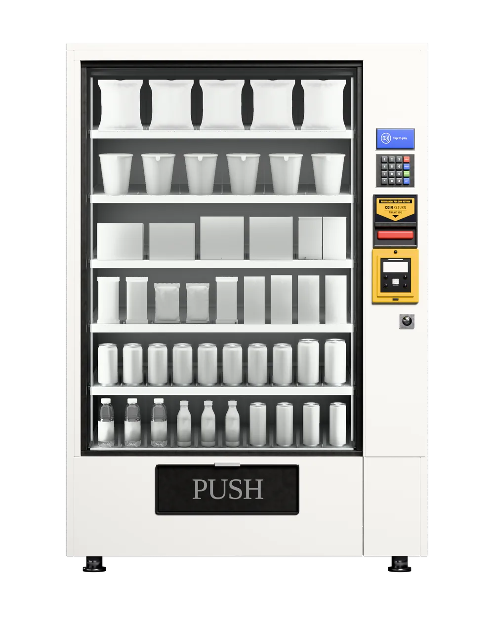 The vending machine, its shelves stocked with unbranded packs